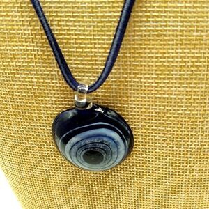 Evil Eye Necklace, Navy Blue Evil Eye Glass Disc Pendant On Black Cord